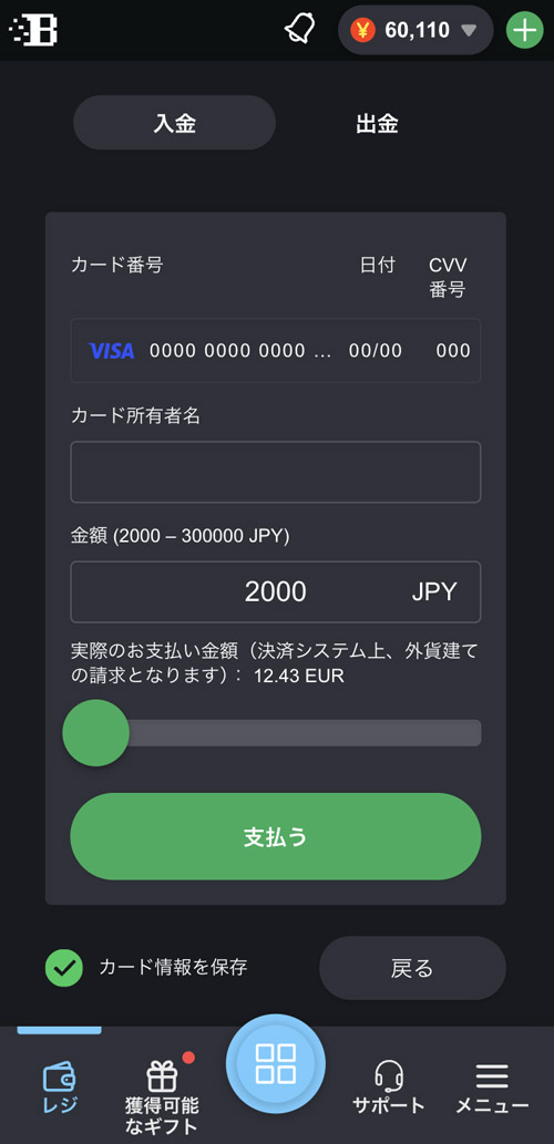 ボンズカジノ Visaで入金画面